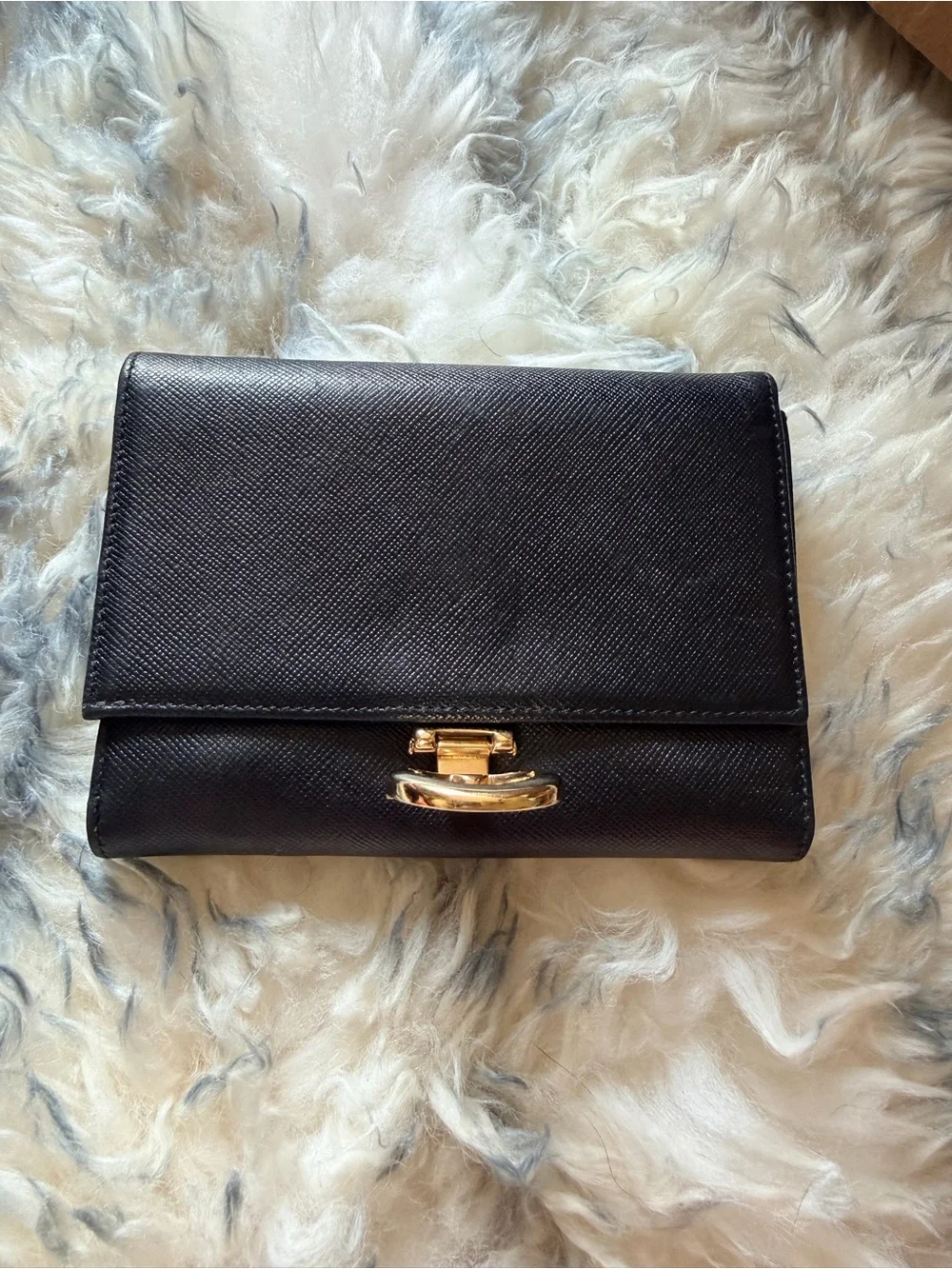 Salvatore Ferragamo Black Leather Gancini Clasp Wallet with Gold Hardware